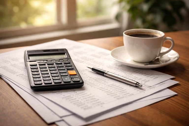 calculatrice-feuilles-cafe-bureau-bois