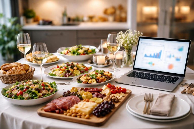 table-elegante-plats-ordinateur-cuisine-floue