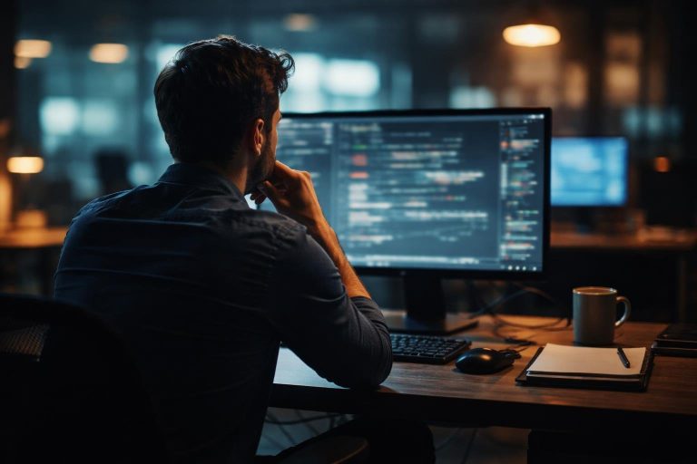 personnage-pensif-bureau-ecran-technologie