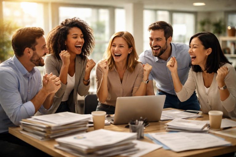 collegues-celebration-table-bureau-ordinateur