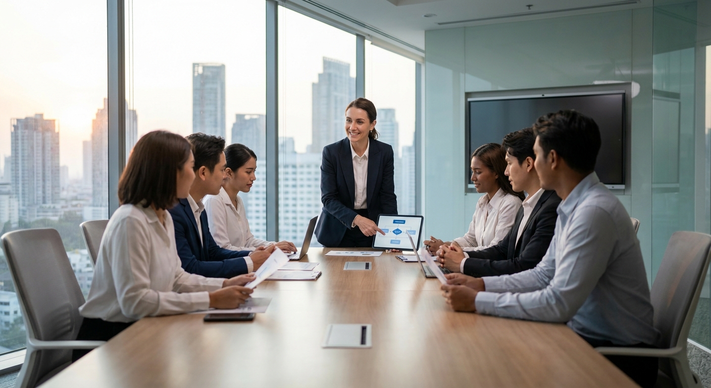 directeur général en réunion de management de transition avec son équipe dans une salle de conférence moderne