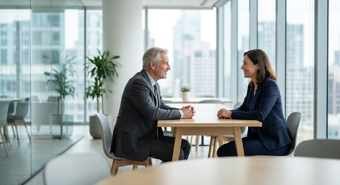 manager de transition en entretien de sélection avec un responsable RH dans un bureau professionnel